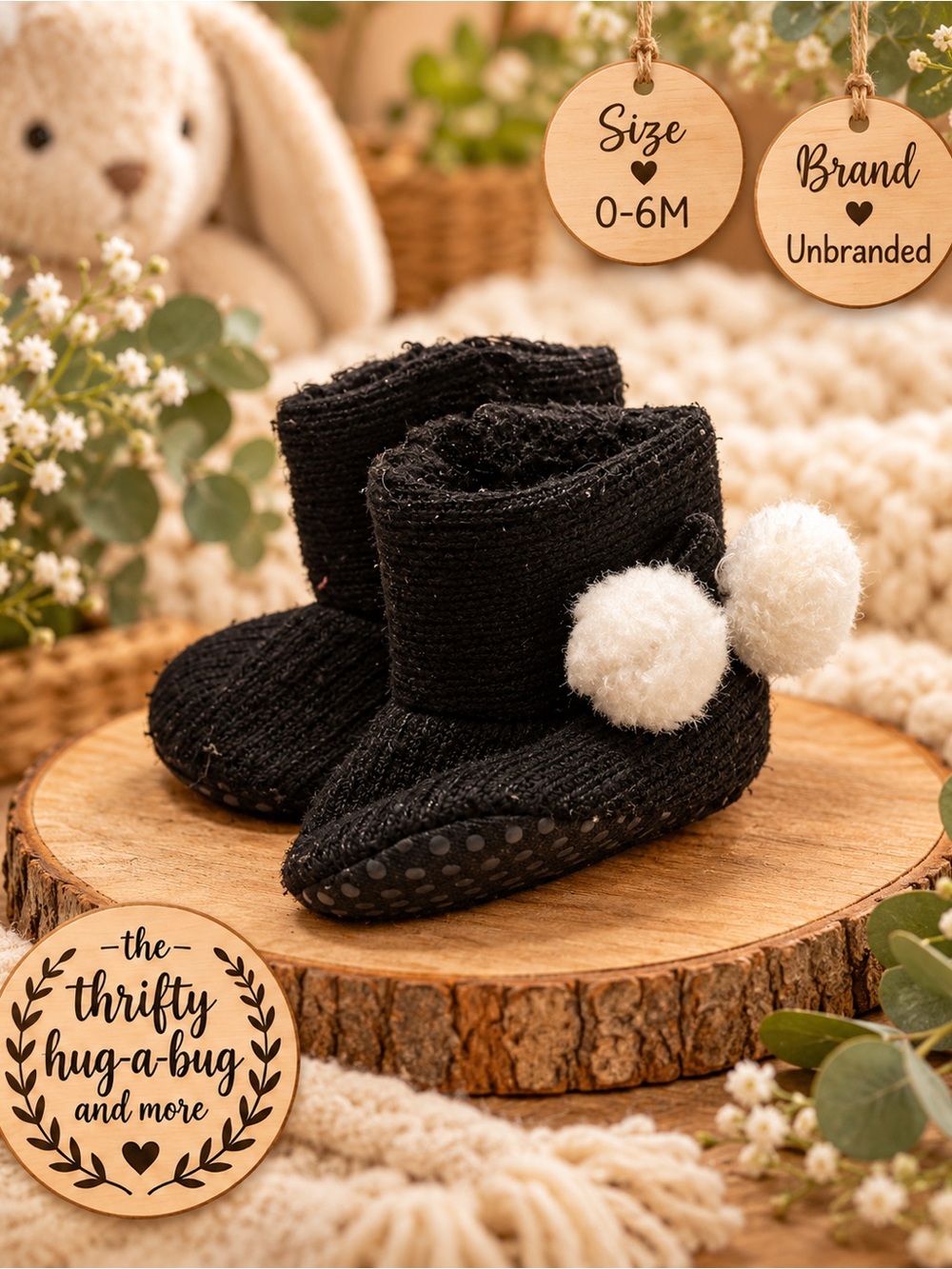 Baby Black Knit Booties 0–6M with White Pom Poms | Cozy Soft Sole